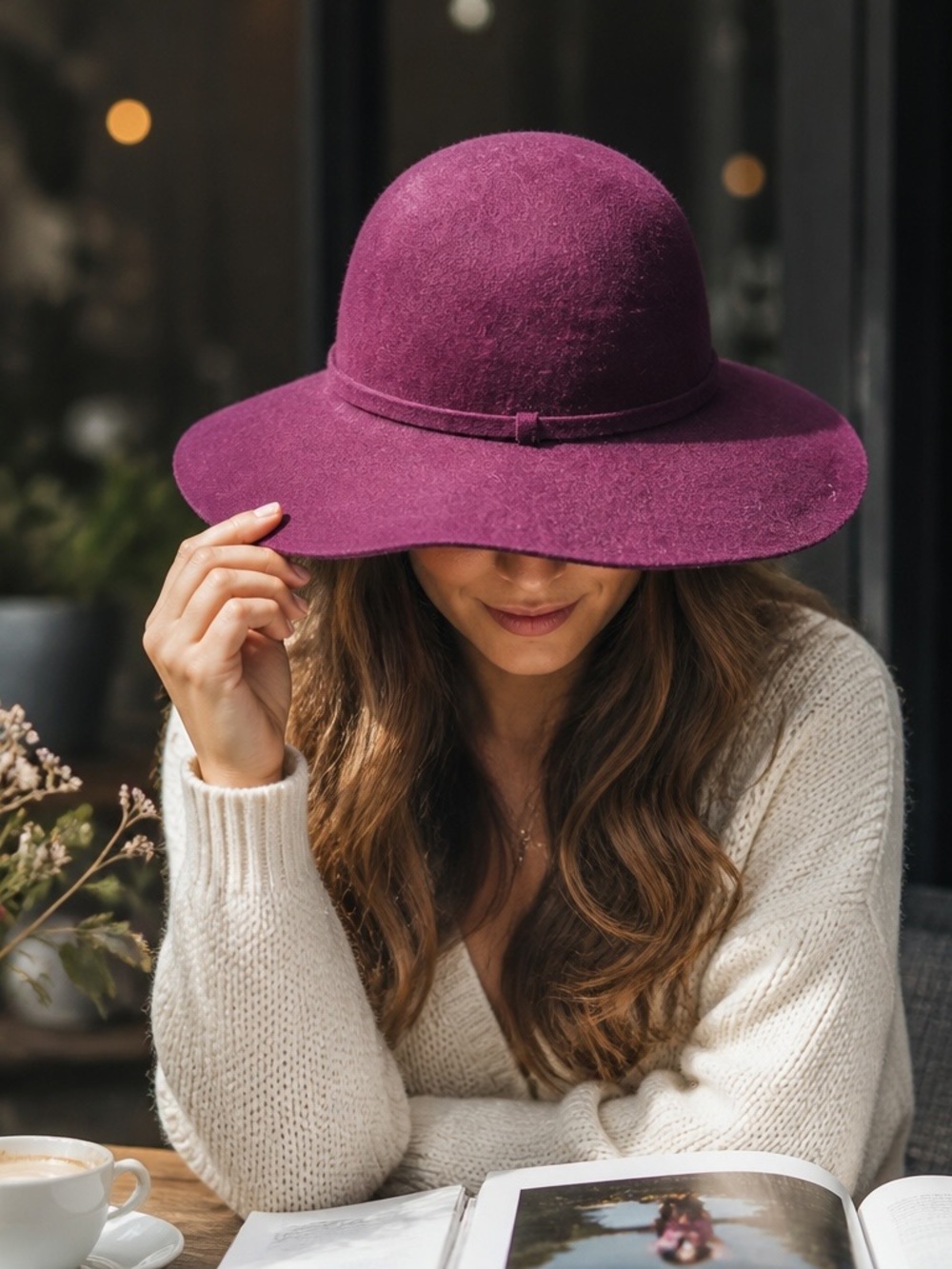 LOFT Wool Blend Wide-Brim Hat in Deep Plum - Large